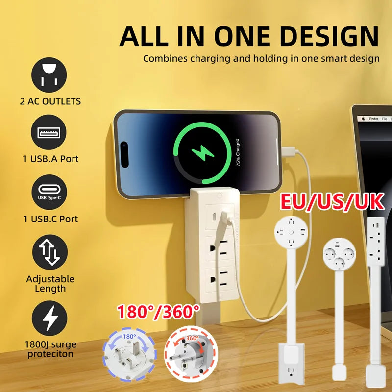 Rotating Retractable Electrical Outlet Extender for Sofa and Table Charging Needs